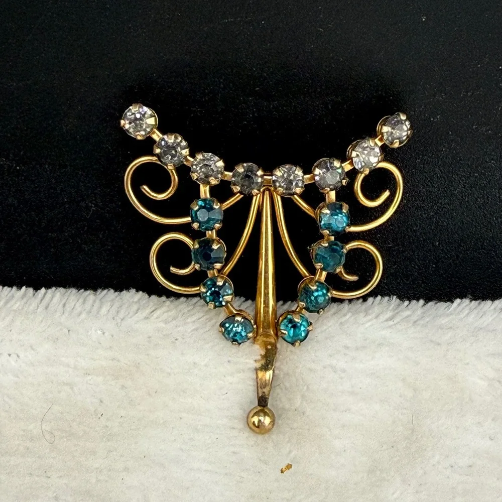 Vintage AMCO Brooch Gold Blue Rhinestone Gold Filled Mid Century Fan